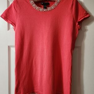 INC Coral Embellished Short Sleeve Sweater